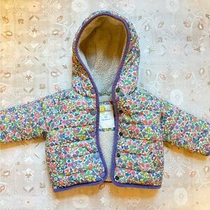 Baby Boden Floral Hooded Puffer Jacket with Purple Trim and Shearling 6-9 mo